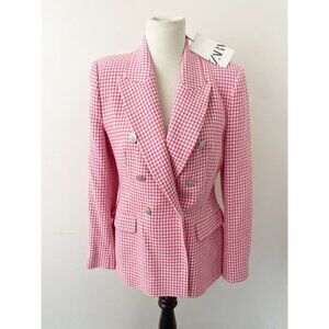 NWT Zara Double Breasted Houndstooth Blazer Jacket White Pink
